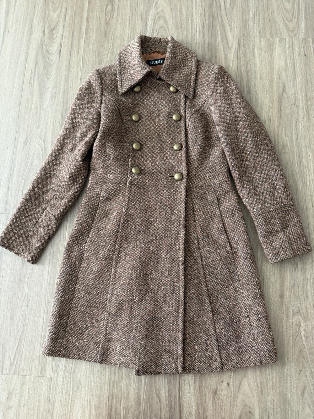 Vintage Guess Pea Coat Womens Small Tweed Brown Double Breasted 90s